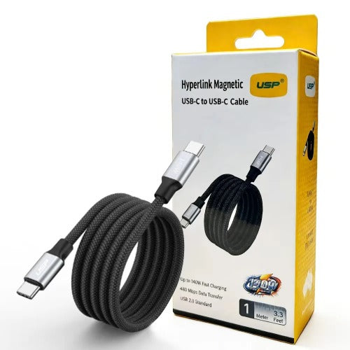 USP Braided HyperLink USB-C to USB-C (1M) Magnetic Cable - Black, Charge & Connect,Digital Display,140W PD, 5