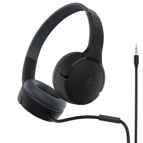 Belkin SoundForm Mini Wired on-Ear Headphones for Kids - Black(AUD004btBK), 85dB Volume Cap, Built-in Microphone, 3.5mm Connector, 2