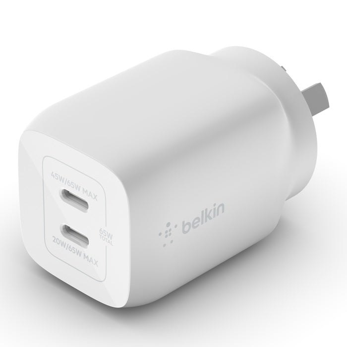 Belkin BoostCharge Pro 65W Dual USB-C PD 3.0 PPS GaN Wall Charger - White (WCH013auWH), Compact Laptop Charger, Travel Ready, 2 Years