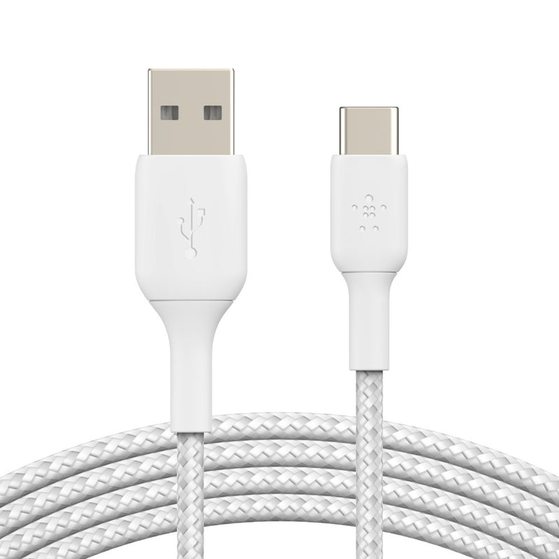 Belkin BoostCharge Braided USB-C to USB-A Cable (1M) - White (CAB002bt1MWH), 3A/15W, 480Mbps, 30K+ Bends, Apple, USB-IF Certified, 2 Years