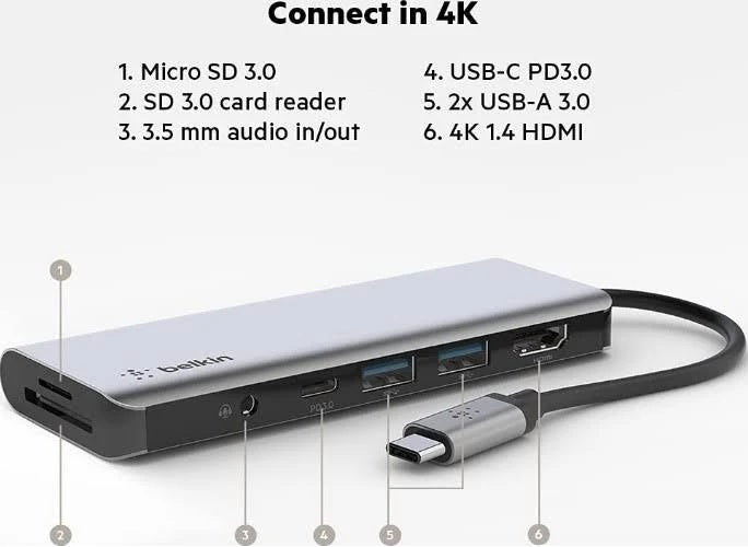 Belkin Connect USB-C 7-in-1 Multiport Hub Adapter - Space Grey (AVC009btSGY), 100W PD, 5 Gbps, 1x 4K HDMI, 2x USB-A, 1x USB-C, 1x SD, 2 Years
