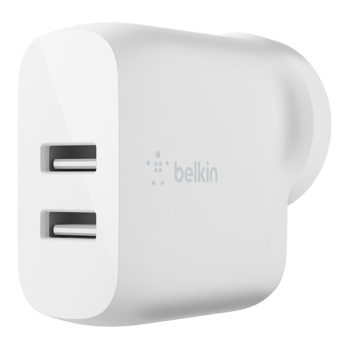 Belkin BoostCharge Dual USB-A Wall Charger 24W - White (WCB002auWH), 2xUSB-A (12W), Safe & Efficient, Apple, CEW $2500, 2