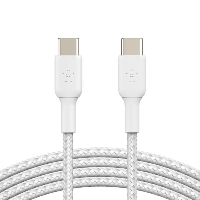 Belkin BoostCharge Braided USB-C to USB-C Cable (1M) - White (CAB004bt1MWH), 3A/60W, 480Mbps, 30K+ Bends, Apple, USB-IF Certified, 2 Years