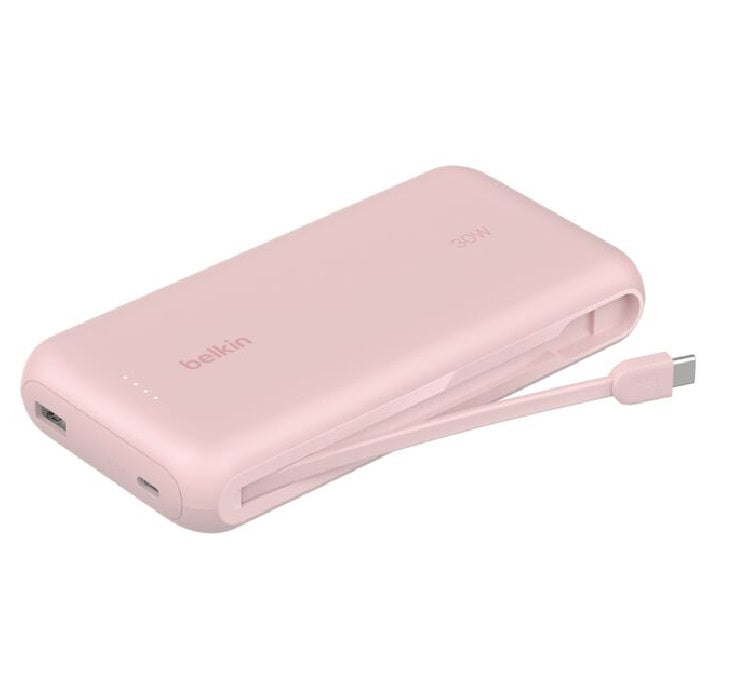 Belkin BoostCharge 20K mAh Power Bank With Integrated USB-C Cable - Pink (BPB024fqPK), 30W, 2xUSB-C, 1x USB-A, CEW $2,500, 2