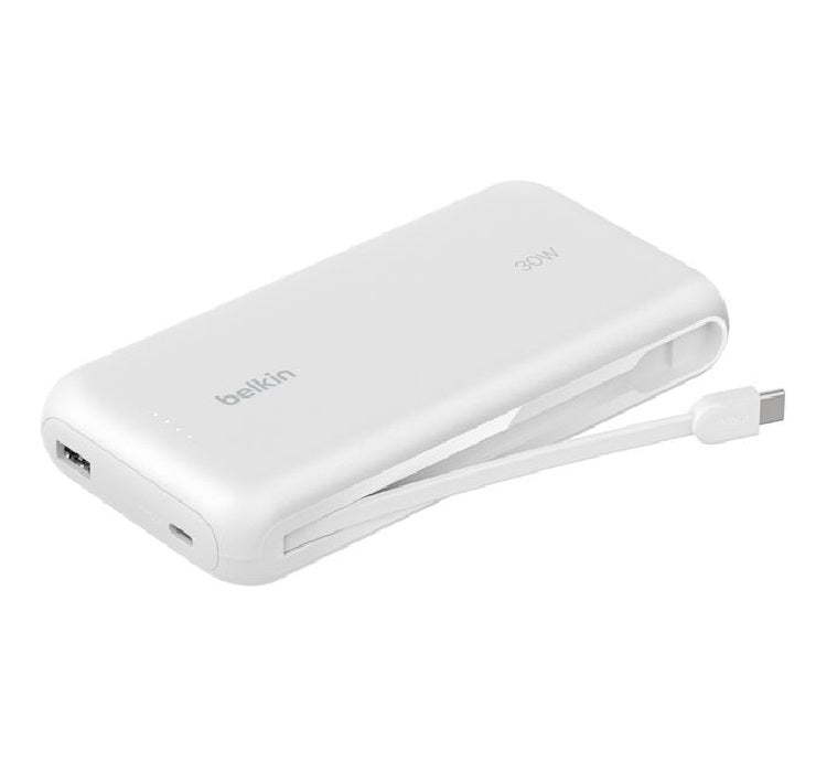 Belkin BoostChargeÂ 20K mAh Power Bank With Integrated USB-C Cable - White (BPB024fqWH), 30W, 2xUSB-C, 1x USB-A, CEW $2,500, Apple, 2 Years Warranty