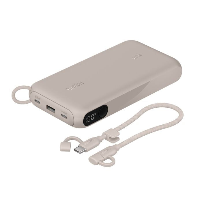 Belkin BoostCharge 20K mAh Power Bank with Display + USB-C to USB-C Cable 60W (15CM) - Sand (BPB028fqSD), 20W, 2x USB-C, 1x USB-A, 2