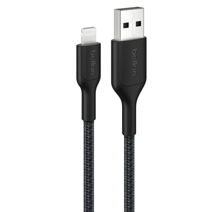 Belkin BoostCharge Pro Braided Lightning to USB-A Cable (2M) - Black (CAA020FQ2MBK), 2.4A/15W, 480Mbps, 350K Bends, MFI-Certified, 2