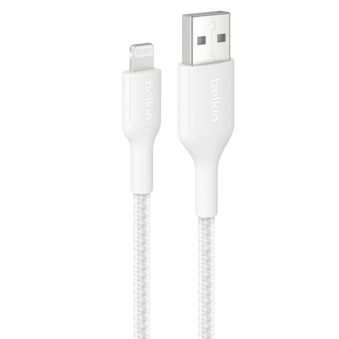 Belkin BoostCharge Pro Braided Lightning to USB-A Cable (2M) - White (CAA020FQ2MWH), 2.4A/15W, 480Mbps, 350K Bends, MFI-Certified, 2