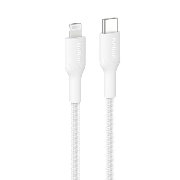 Belkin BoostCharge Pro Braided Lightning to USB-C Cable (1M) - White (CAA022FQ1MWH),3A/15W, 480Mbps,350K+ Bends,Apple, MFI-Certified, 2