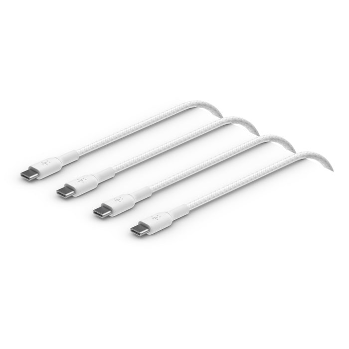 Belkin BoostCharge Braided USB-C to USB-C Cable (1M) (Pack of 2) - White (CAB004bt1MWH2PK), 3A/60W, 480Mbps, 30K+ Bends, Apple, 2 Years