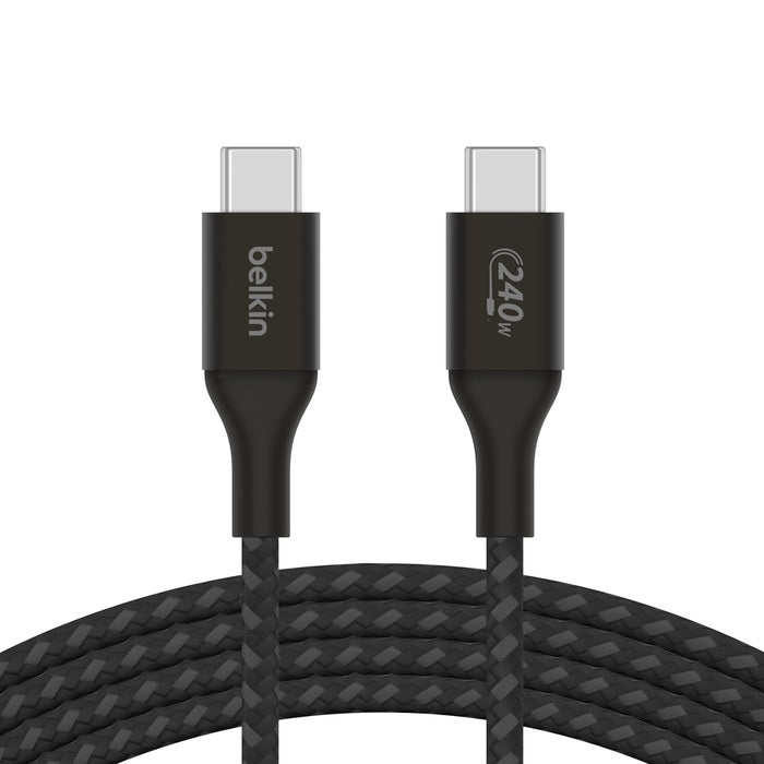 Belkin BoostCharge Braided USB-C to USB-C PD 3.1 Cable (2M) - Black (CAB015bt2Mbk), 5A/240W, 480Mbps, 30K+ Bends, Apple iPhone, 2 Years Warranty