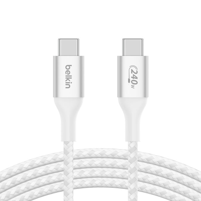 Belkin BoostCharge Braided USB-C to USB-C PD 3.1 Cable (2M) - White (CAB015bt2MWH), 5A/240W, 480Mbps, 30K+ Bends, Apple, 2 Years