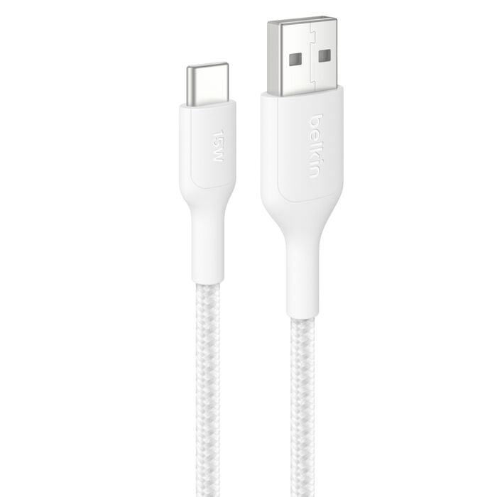 Belkin BoostCharge Pro Braided USB-C to USB-A Cable (2M) - White (CAB022fq2MWH), 3A/15W, 480Mbps, 350K+ Bends, Apple,USB-IF Certified,2