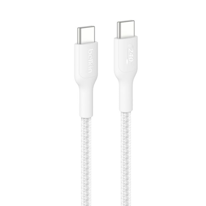 Belkin BoostCharge Pro Braided USB-C to USB-C Cable (1M) - White (CAB025fq1MWH), 5A/240W, 480Mbps, 350K+ Bend, USB-IF Certified, 2