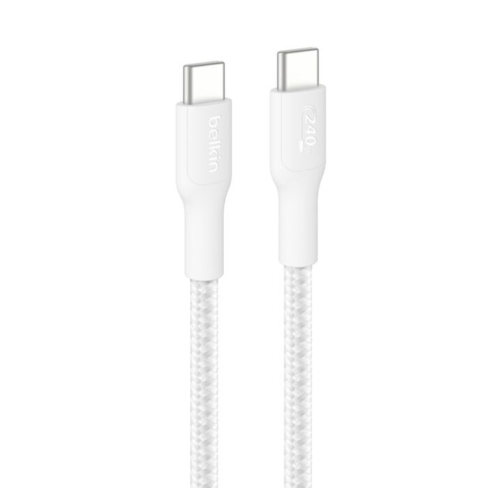 Belkin BoostCharge Pro Braided USB-C to USB-C Cable (3M) - White (CAB025fq3MWH), 5A/240W, 480Mbps, 350K+ Bend, USB-IF Certified, 2