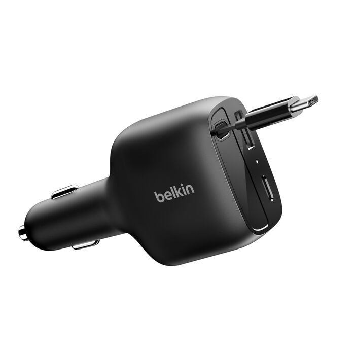 Belkin BoostCharge 75W Retractable Car Charger - Black (CCC001fqBK), Fast Charge, Retractable Cable (75CM), 1x USB-A, 1x USB-C, 2