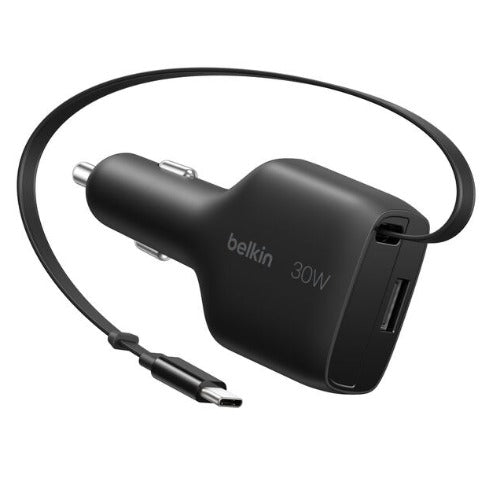 Belkin BoostCharge 30W Retractable Car Charger - Black (CCC002fqBK),Fast Charge,Retractable Cable(70cm),1x USB-A,1x USB-C,$2500 CEW,2