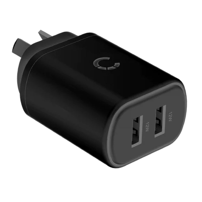 Cygnett PowerPlus 12W Dual Port Wall Charger - Black (CY3672PDWLCH), 2x USB-A (12W), Lightweight & Compact Design, Charge 2x Devices, 2 Years