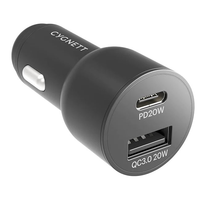 Cygnett CarPower 20W Dual Port Car Charger with 20W USB-C PD + 20W QC 3.0 USB-A-Black(CY3637CYCCH), Fast Charge, Max 20W, 2 Years