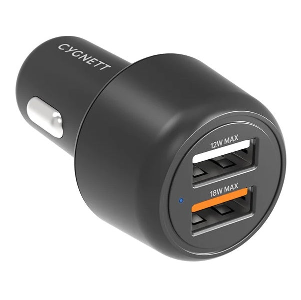 Cygnett CarPower 30W Dual Port Car Charger - Black (CY3680CYCCH), 2xUSB-A(12W & 18W QC 3.0), 3.6x faster than standard 5W, 2 Years