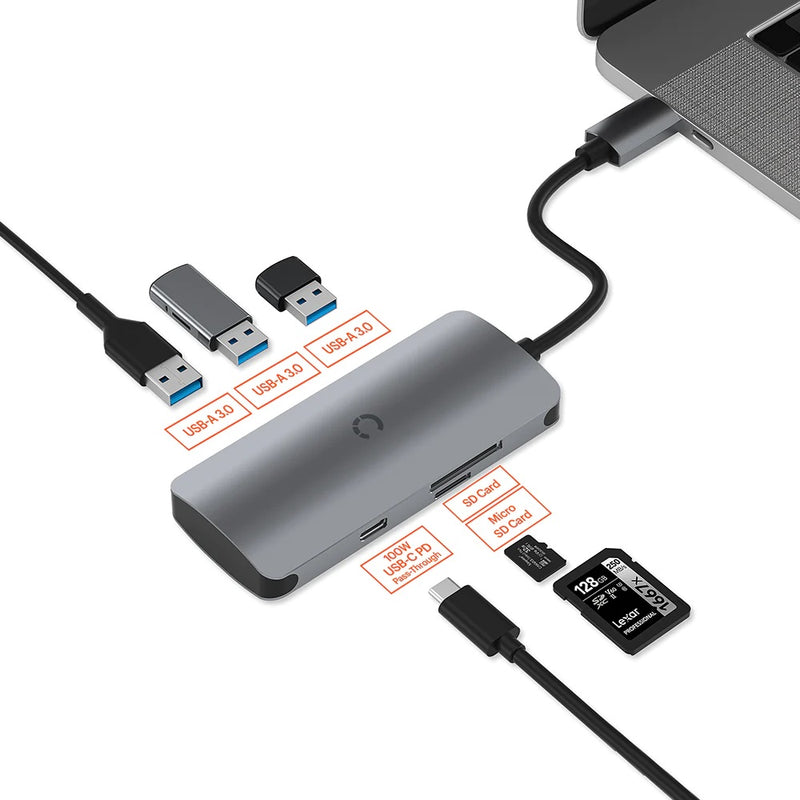 Cygnett Unite SlimMate 6-in-1 USB-C Multiport Hub Adapter Dock-(CY3316HUBC3)3xUSB-A 3.0 1xUSB-C 100W PD 1xSD 1xMicroSD High-Speed Data,2Years