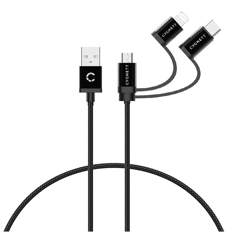 Cygnett Essentials 3-in-1 (USB-A to Lightning + USB-C + Micro-USB) Cable (1M) - Black (CY3571COCAB), 2.4A/12W, 480Mbps, 3x Connectors,2 Years