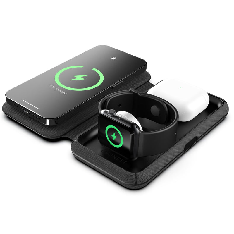 Cygnett MagTravel 15W 3-in-1 Wireless Charger - BlacK (CY4530WIRDE),MagSafe & Qi2 Compatible,1M USB-C Cable, Perfect for Travel, 2 Years