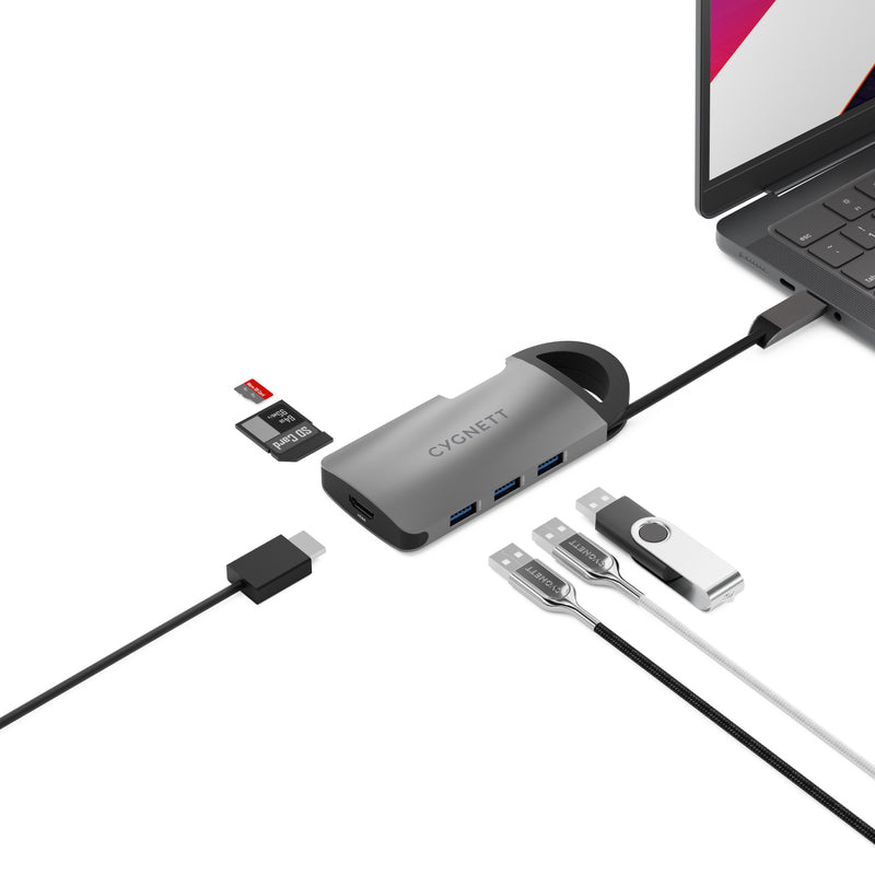 Cygnett Unite 7-in-1 USB-C Multiport Hub Adapter Dock (CY4550HUBC7)3xUSB-A (3.0, 5Gbps) 1xUSB-C(100W)1x4K HDMI (30Hz) 1xSD 1xMicro SD,2 Years