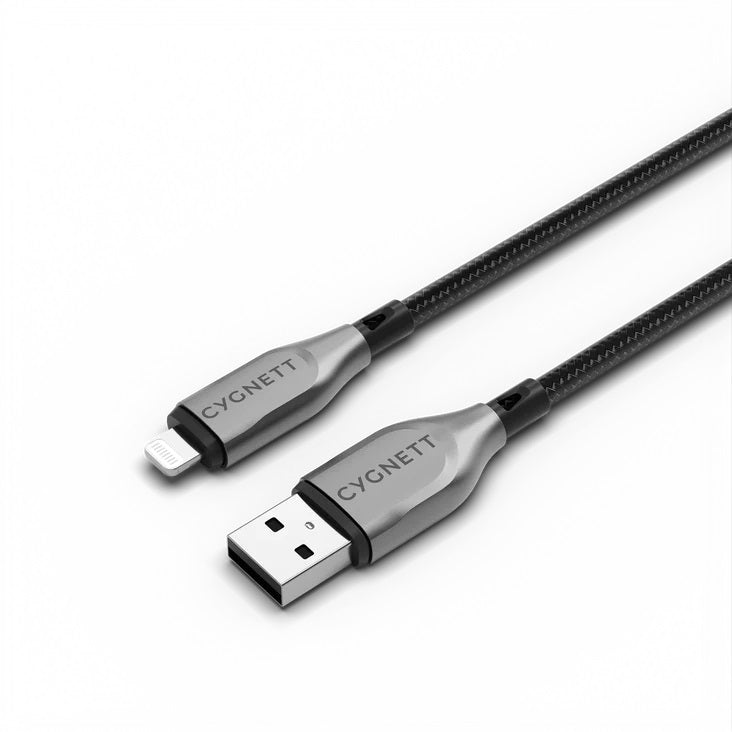 Cygnett Armoured Braided Lightning to USB-A (2.0) (2M) Cable - Black (CY4660PCCAL), 2.5A/12W, 480Mbps, Turbo Charge, Apple iPhone, 5 Years
