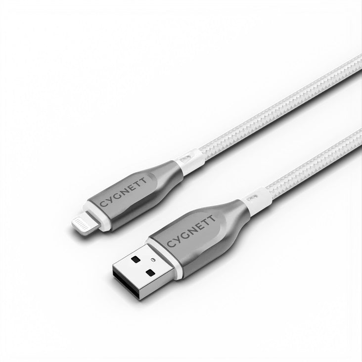 Cygnett Armoured Braided Lightning to USB-A (2.0) (2M) Cable - White (CY4661PCCAL), 2.5A/12W, 480Mbps, Turbo Charge, Apple iPhone, 5 Years