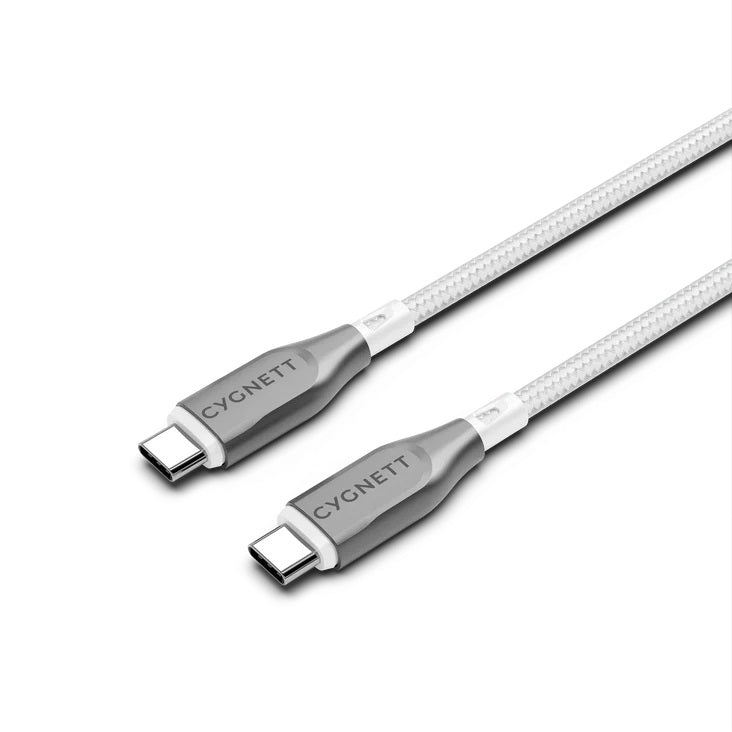 Cygnett Armoured Braided USB-C to USB-C (2.0) Cable (2M) - White (CY4677PCTYC), 5A/100W, 480Mbps, Turbo Charge, Best for Laptop, 5 Years