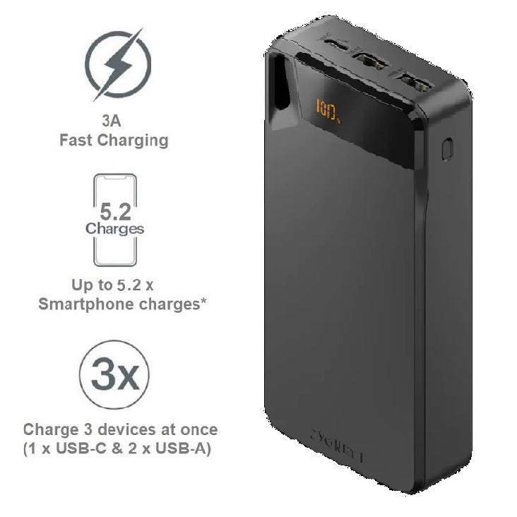 Cygnett ChargeUp Boost 4th Gen 20K mAh Power Bank- Black(CY4751PBCHE)Triple Port(Dual USB-A 15W+1xUSB-C 15W),15cm USB-C Cable,15W Max,2 Years