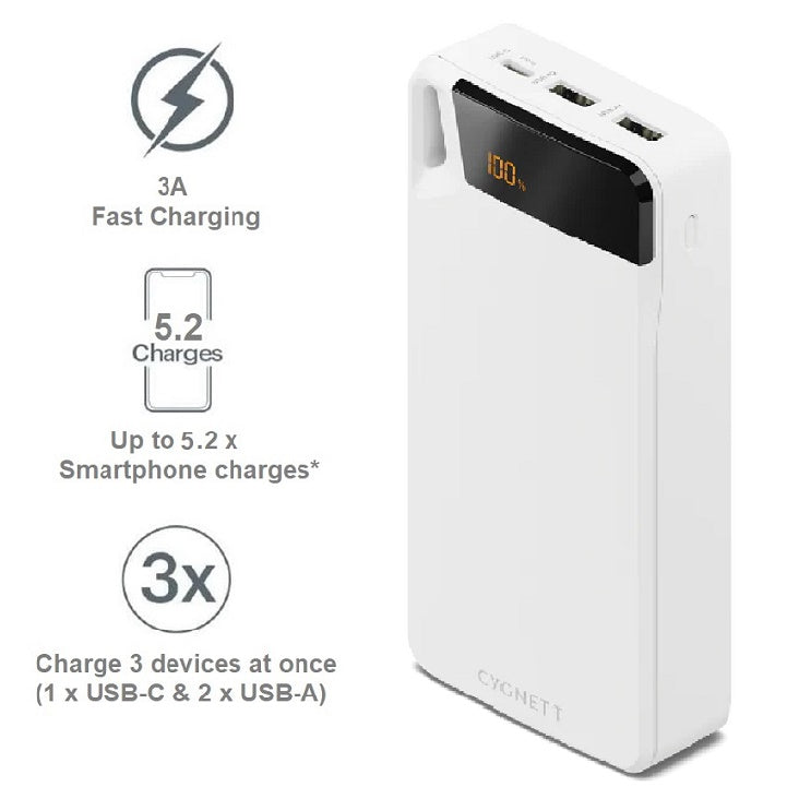Cygnett ChargeUp Boost 4th Gen 20K mAh Power Bank- White(CY4752PBCHE)Triple Port(Dual USB-A 15W+1xUSB-C 15W),15cm USB-C Cable,15W Max,2 Years