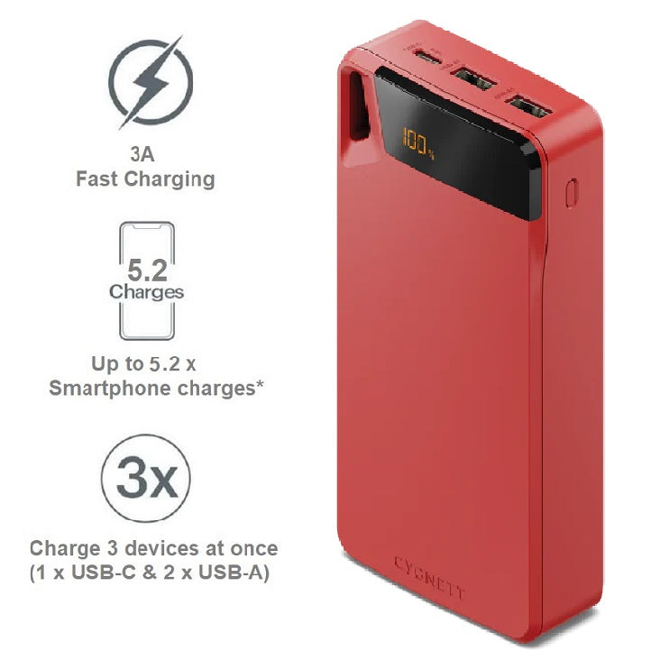 Cygnett ChargeUp Boost 4th Gen 20K mAh Power Bank -Red(CY4753PBCHE)Triple Port(Dual USB-A 15W + 1xUSB-C 15W),15cm USB-C Cable,15W Max,2 Years