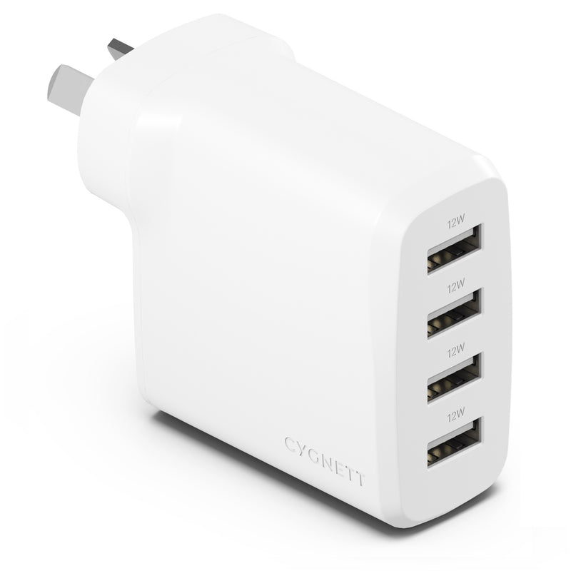 Cygnett PowerPlus 24W Multi Port USB-A Wall Charger - White(CY4768PDWCH) 4xUSB-A (12W),Compact,Lightweight,24W Max,2 Years