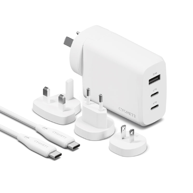 Cygnett Voyager 67W Multi-Port GaN Travel Wall Charger - White (CY4771PDWCH), 2x USB-C (67W), 1x USB-A (20W),1M USB-C to USB-C , 2 Years