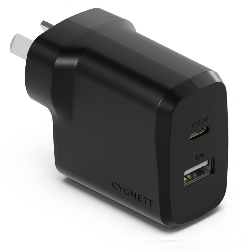 Cygnett PowerPlus 32W Dual Port (20W USB-C + 12W USB-A) PD Fast Wall Charger-Black(CY4773PDWCH),Palm-Size,Portable,Charge 2x Devices,2 Years