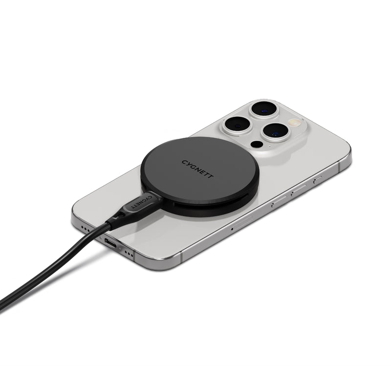 Cygnett ChargePuck Qi2 15W Fast Wireless Charger -Black(CY5061CCRGP), Compact & Lightweight,1.2M USB-C Cable,Perfect for Travel,2 Years