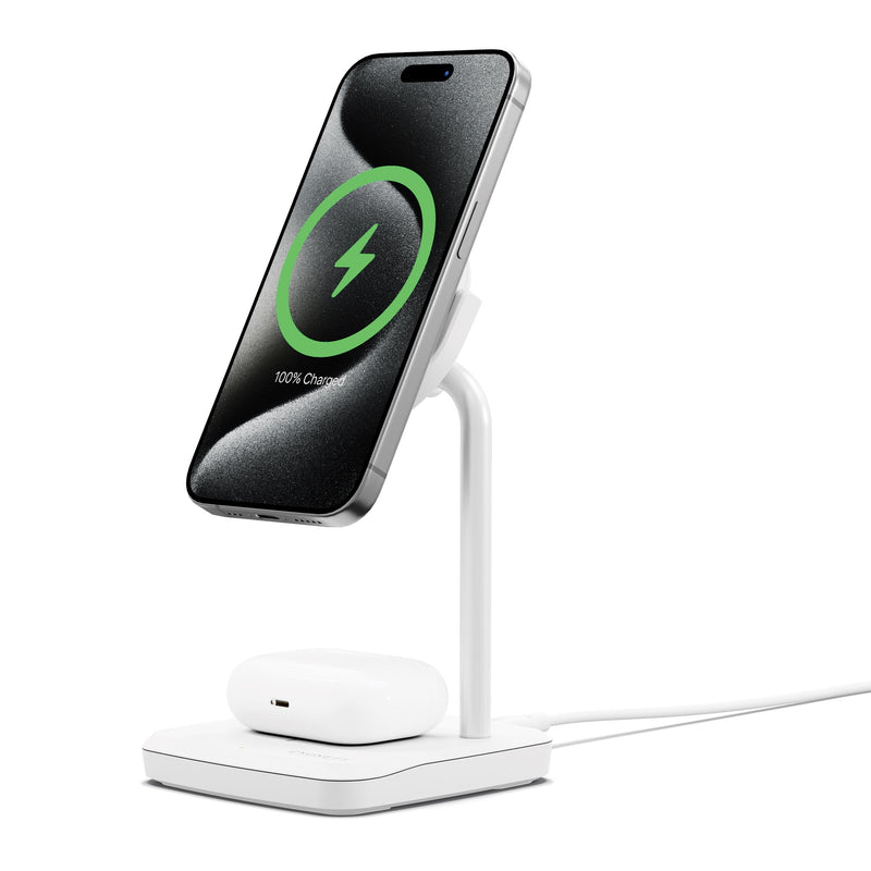 Cygnett ChargeBase Qi2 2-in-1 Magnetic 15W Wireless Charger - White (CY5068BUNCP),1.2M USB-C Cable,25W Wall Charger,80Â° Swivel Head,2 Years
