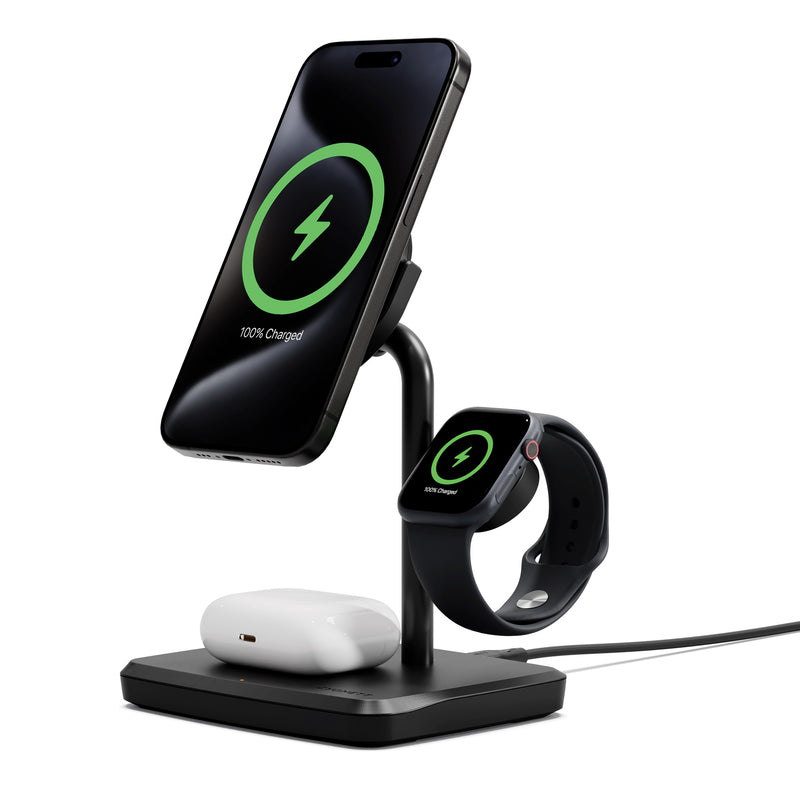 Cygnett ChargeBase Qi2 3-in-1 Magnetic 15W Wireless Charger-Black(CY5069BUNCP),1.2M USB-C Cable,5W Watch Charger, 180Â° Swivel Head,2 Years