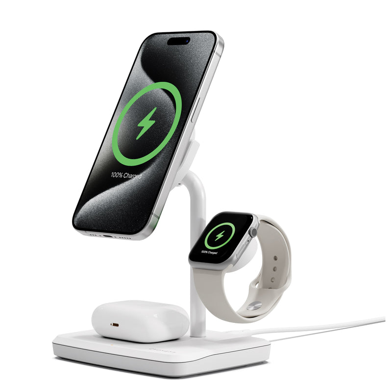 Cygnett ChargeBase Qi2 3-in-1 Magnetic 15W Wireless Charger-White(CY5070BUNCP),1.2M USB-C Cable,5W Watch Charger, 180Â° Swivel Head,2 Years