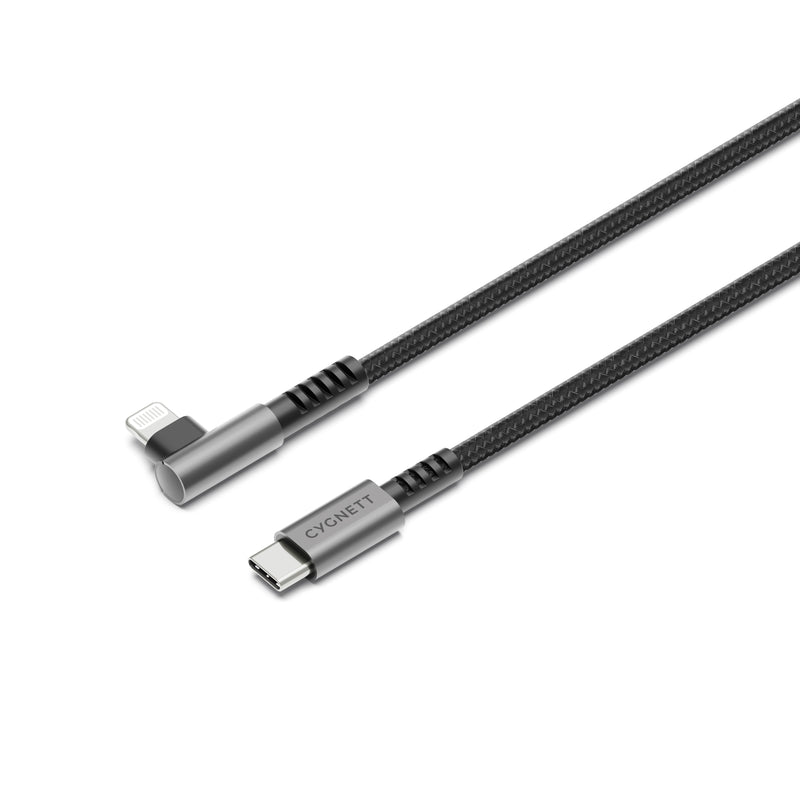 Cygnett Unite Right-Angle Lightning to USB C Cable (1M) - Black (CY5102PCCCL), 30W, Double Braided, 480Mbps Transfer, Fast Charge, 2 Years