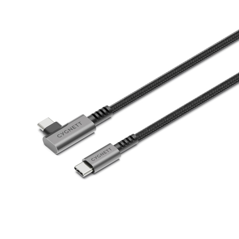 Cygnett Unite Right-Angle USB-C to USB-C (3.1) Cable (1M) - Black (CY5104PCTYC), 240W, Double Braided, 10Gbps Transfer, Fast Charge, 2 Years