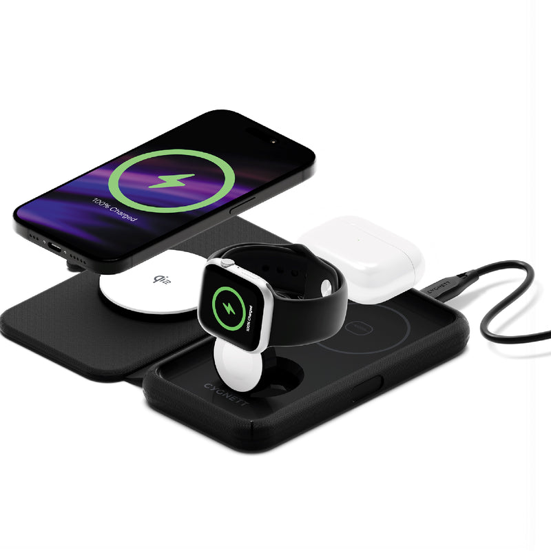 Cygnett MagTravel Qi2.0 2-in-1 Wireless Charger - Black (CY5138WIRDE), 1.2M USB-C Cable,15W, Compact and lightweight, 2