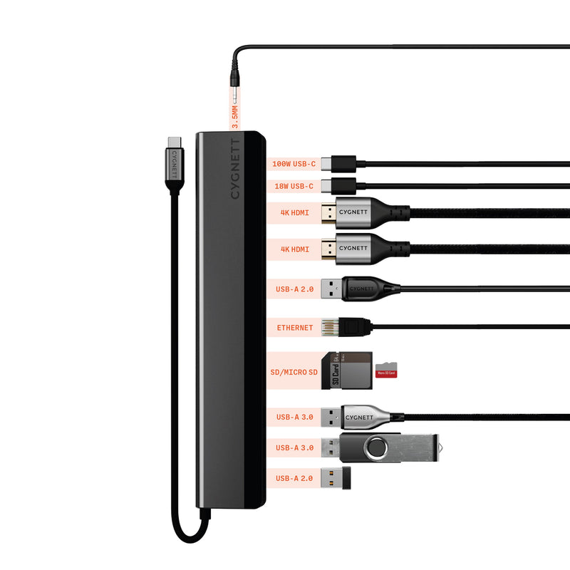 Cygnett UniteRiser 12-in-1 USB-C Multiport Hub Adapter-(CY5148HUB12)4x USB-A, 2xUSB-C (100W PD/3.0), 2xHDMI(60Hz/30Hz),1x SD 1xMicroSD,2Years