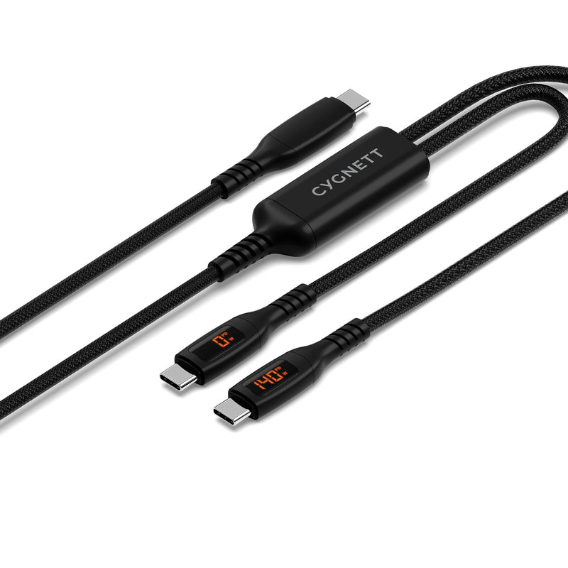 Cygnett Unite Intelli USB-C to Dual USB-C Split LED Cable 1.5M - Black(CY5504PCCCC), 140W, 480Mbps Transfer, Fast Charge, 2 Years