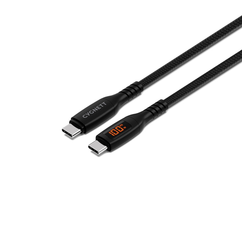 Cygnett Unite Intelli USB-C to USB-C Cable with LED Display (1M) - Black (CY5507PCCCC), 100W, 480Mbps Transfer, Fast Charge, 2 Years