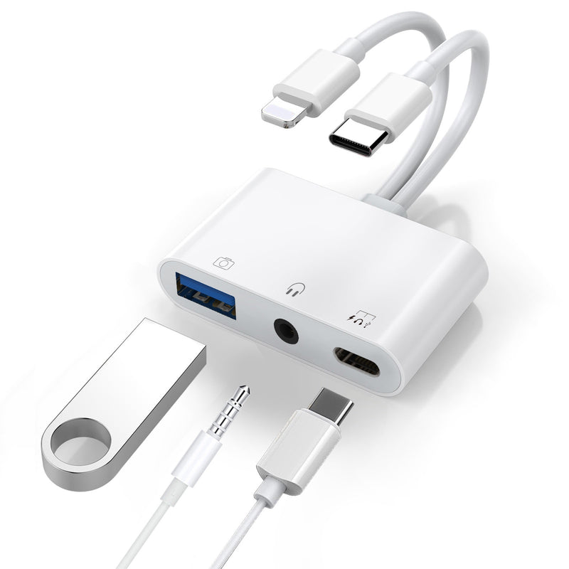 USP Lightning/USB-C to USB Adapter features a USB OTG Port, 3.5mm Headphone Jack & Fast-charging Port, 5