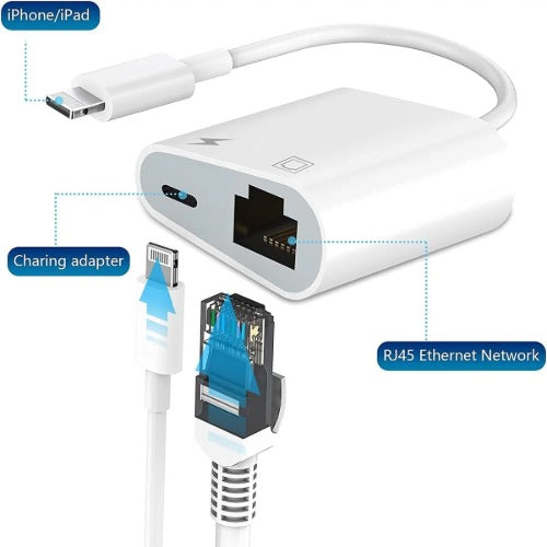 USP Lightning to Ethernet + Power Adapter for iPhone/ iPad, RJ45 LAN + Charging, Fast stable internet, Plug & Play, iOS, 5 Year