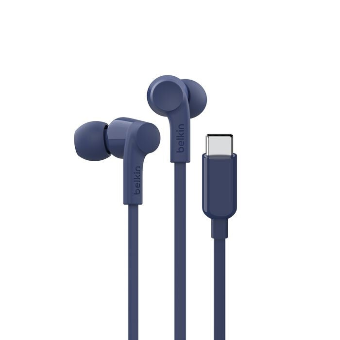 Belkin SoundForm USB-C Wired Earbuds With Adjustable Volume Limiter - Blue(G3H0002fqBLV2),IPX5-Rated,10mm Drivers,Built-in Microphone,2